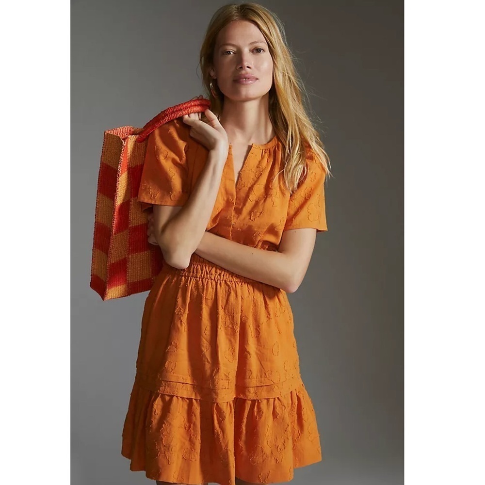 Anthropologie Sommerset Orange yellow Smocked Tiered Sundress textured size xs